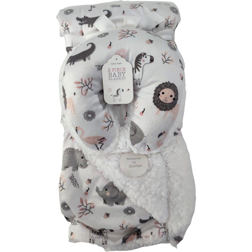 Sleep Tight White Safari‎ Animals Plush Blanket Neck Pillow Set Sherpa Elephant
